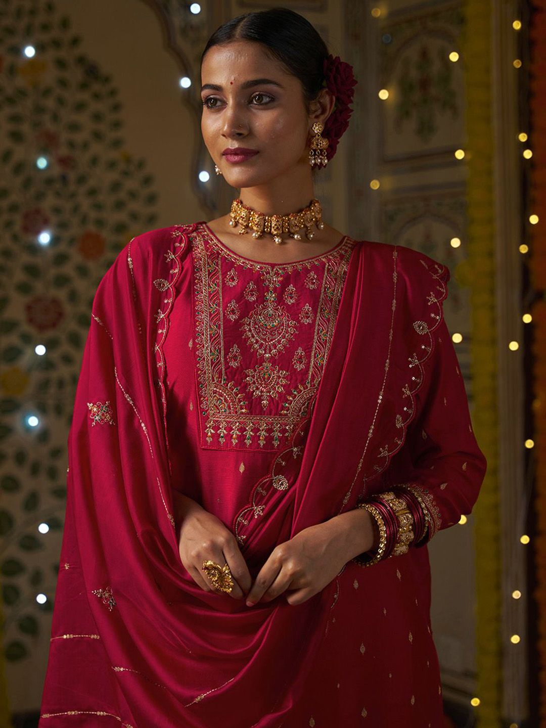 Dhiyona CH Women Floral Embroidered Kurta with Trousers & Dupatta