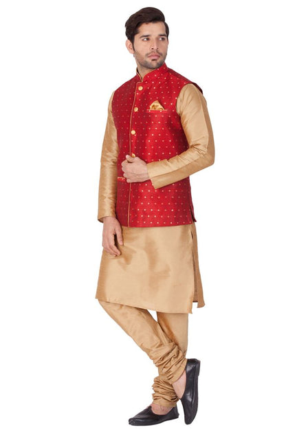 Men's Gold Silk Blend Straight Jacket  Kurta and Pyjama Set