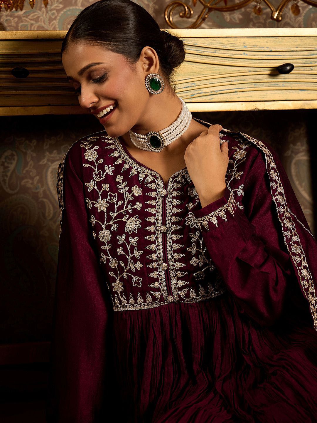 Dhiyona IE Floral Zari Embroidered Pleated A-Line Kurta with Trouser & Dupatta