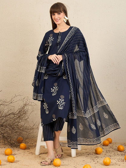 Dhiyona IE Floral Printed Pure Cotton Straight Kurta With Trousers & Dupatta