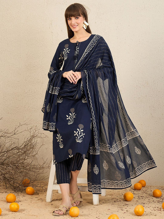 Dhiyona IE Floral Printed Pure Cotton Straight Kurta With Trousers & Dupatta