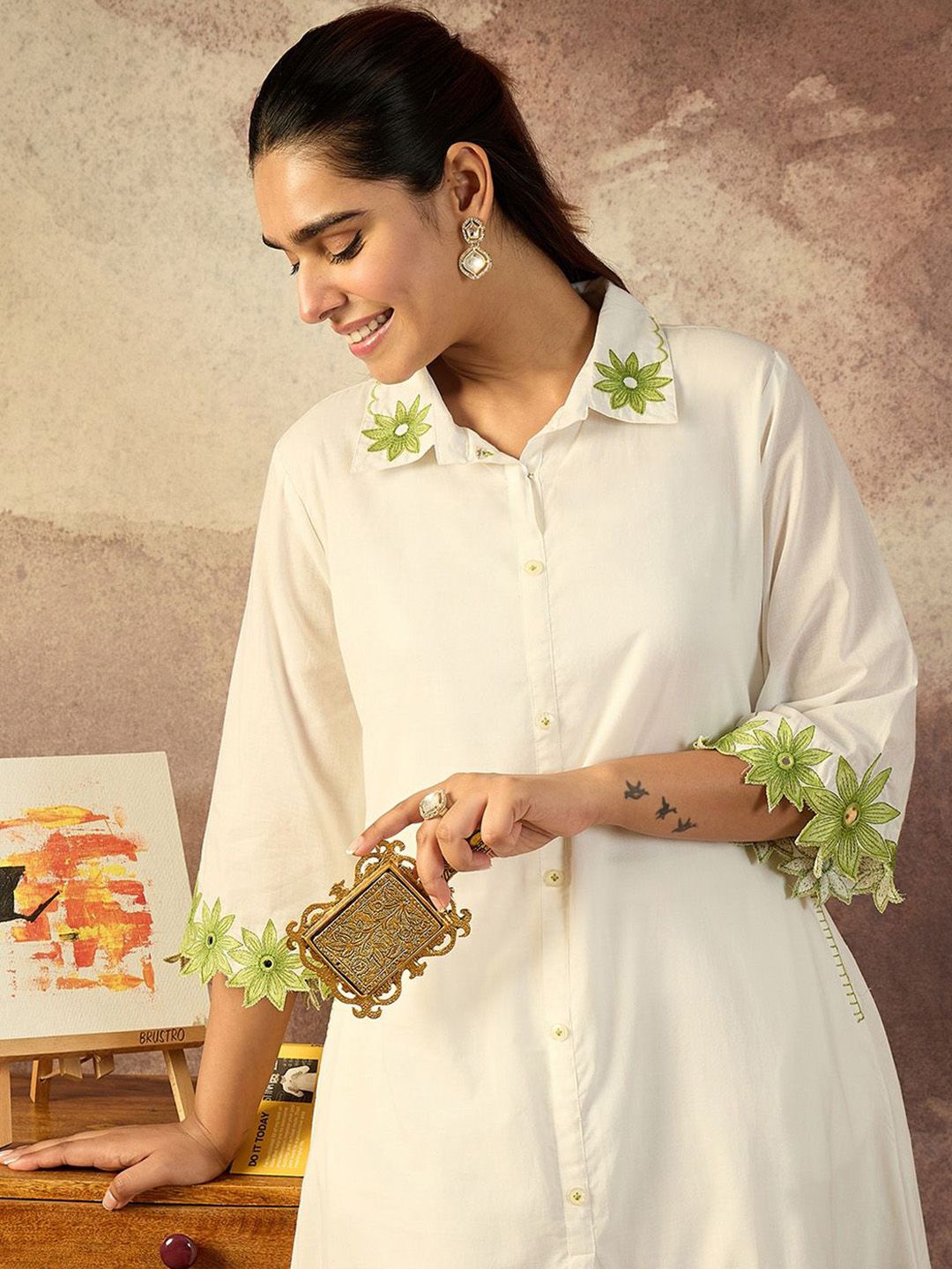 Dhiyona IE Floral Embroidered Thread Work Pure Cotton Kurta With Palazzo