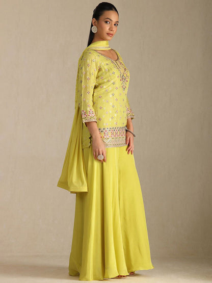 Dhiyona SO Women's Floral Embroidered Round Neck Sequinned Straight Tissue Kurti With Palazzos & Dupatta