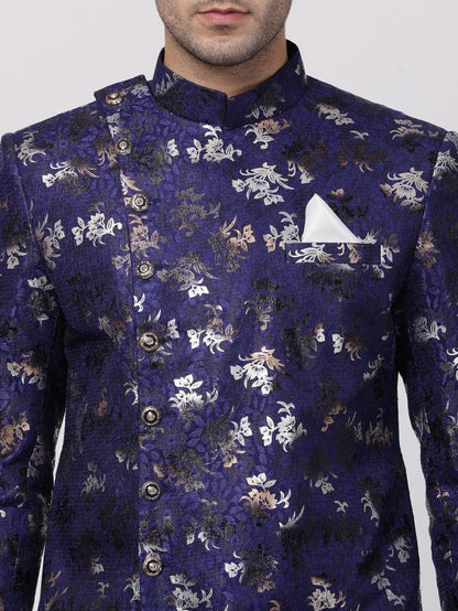 Men's Blue Polyester Lurex Blend Asymmetric Sherwani Set
