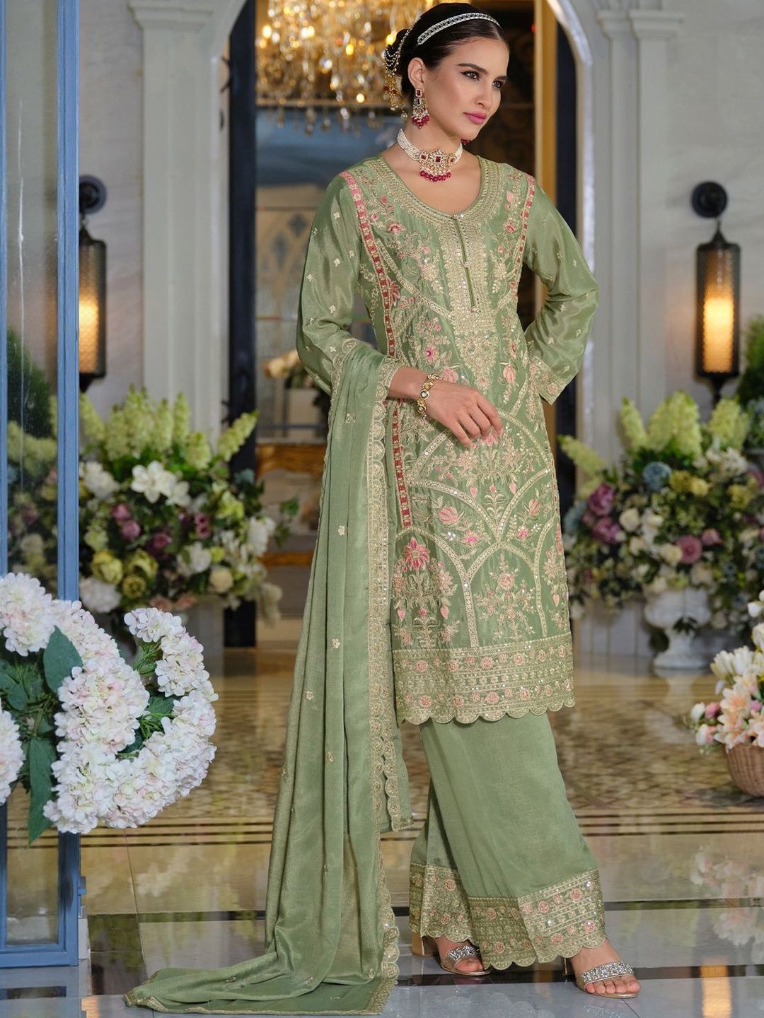 Women Ethnic Motifs Embroidered Kurta with Palazzos & Dupatta