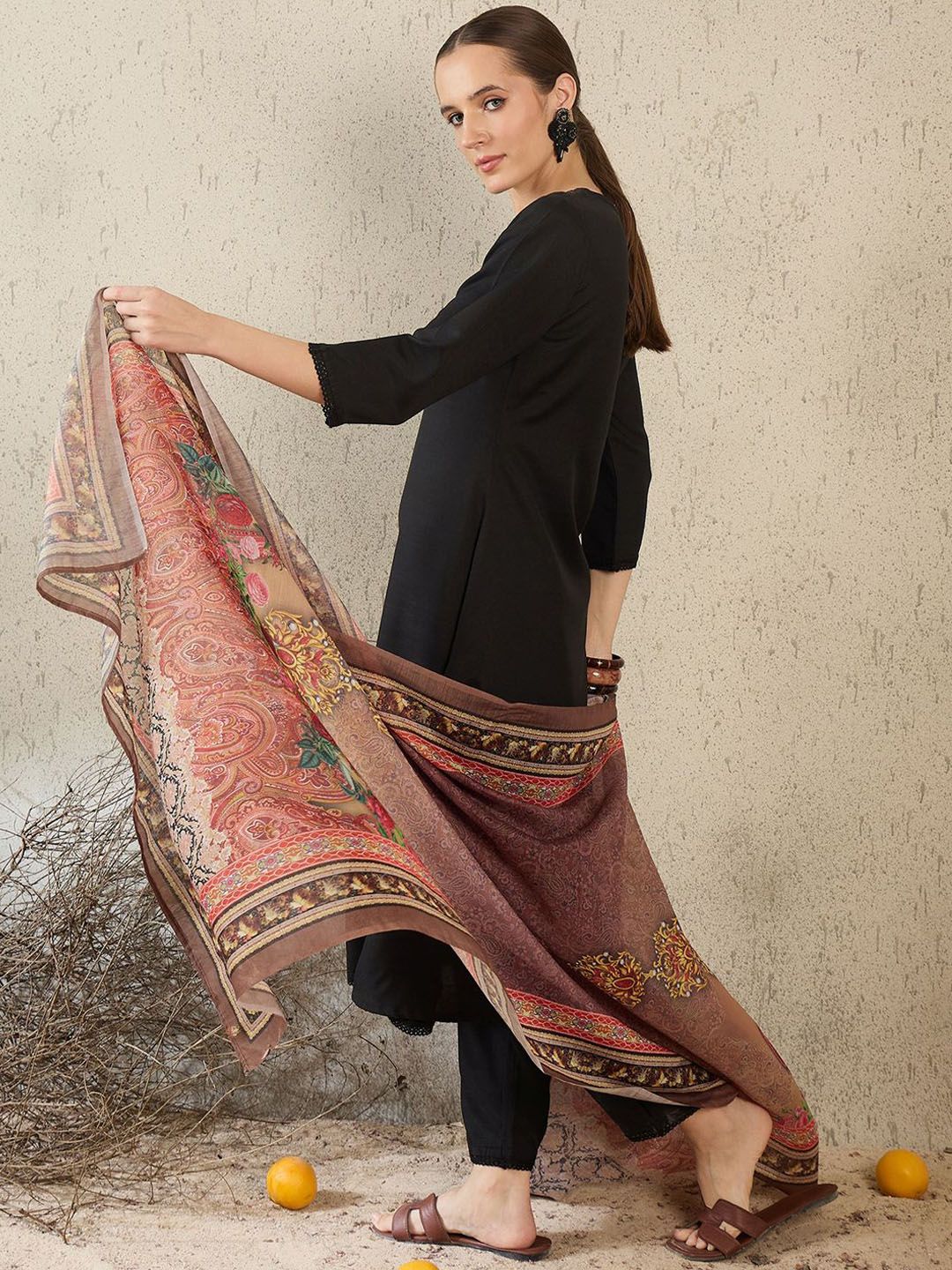 V-Neck A-Line Kurta With Trousers & Dupatta