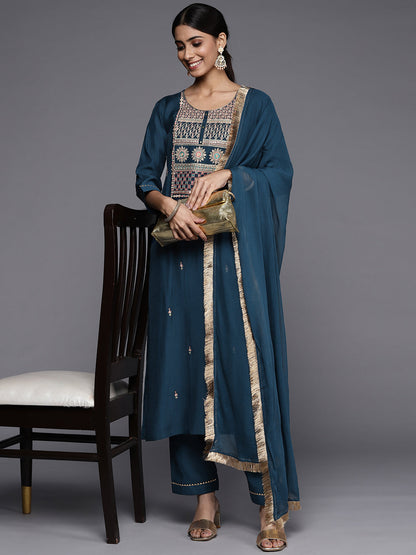Dhiyona VR Women's Blue Embroidered Kurta Paired With Tonal Bottom And Plain Dupatta