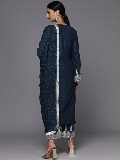 Dhiyona VR Women's Navy Blue Embroidered Straight Kurta Paired With Tonal Bottom And Dotted Dupatta With Four Sided Fringes