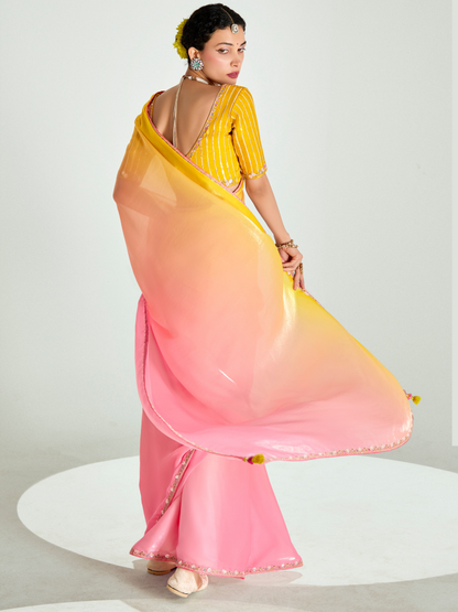 Dhiyona KM Women Yellow & Red Shade Organza Saree