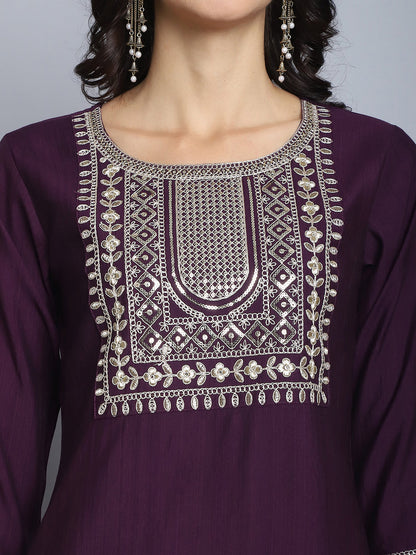 Women Wine Embroidery silk Kurta And Pant Set With Dupatta