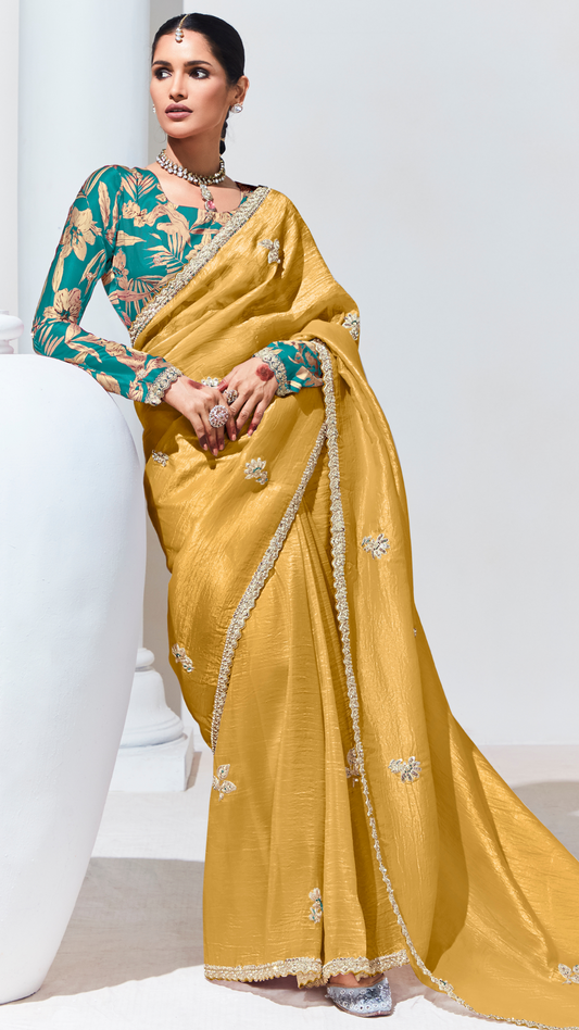Dhiyona KM Women Yellow Pure Tissue Silk Saree With Crushed Texture & Contrast Green Blouse
