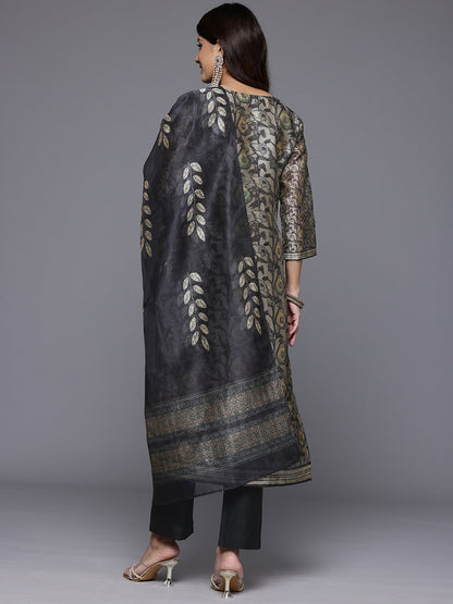 Dhiyona VR Women's Grey Floral Printed Round Neck Straight Kurta Paired With Bottom And Printed Dupatta