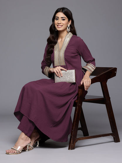 Dhiyona VR Women's Purple Zari Lace Embellished Yoke A-Line Kurta Set