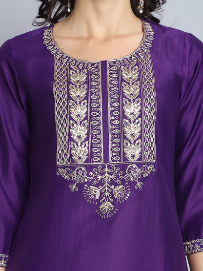 Women Purple Embroidery silk Kurta And Pant Set With Dupatta