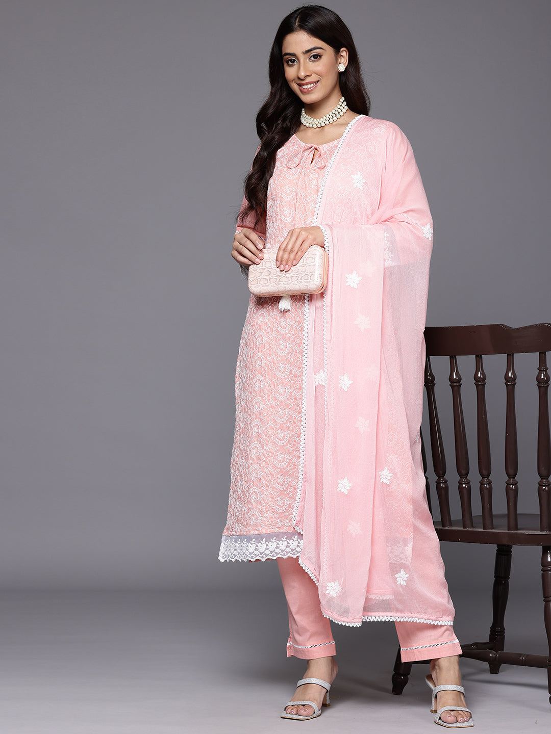 Dhiyona VR Women's Peach Round Neck Chikankari Straight Kurta With Bottom And Dupatta
