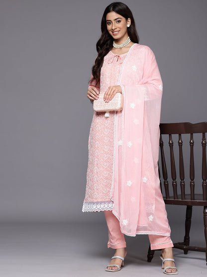 Dhiyona VR Women's Peach Round Neck Chikankari Straight Kurta With Bottom And Dupatta