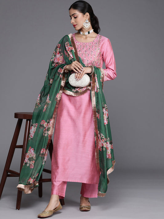 Dhiyona VR Women's Solid Kurta With Yoke Zari Sequins Embroidery Paired With Solid Pant And A Beautiful Organza Floral Dupatta With Zari Tassel