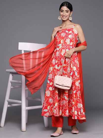 Dhiyona VR Women's Red Floral Printed Anarkali Kurta Paired With Tonal Bottom And Dupatta