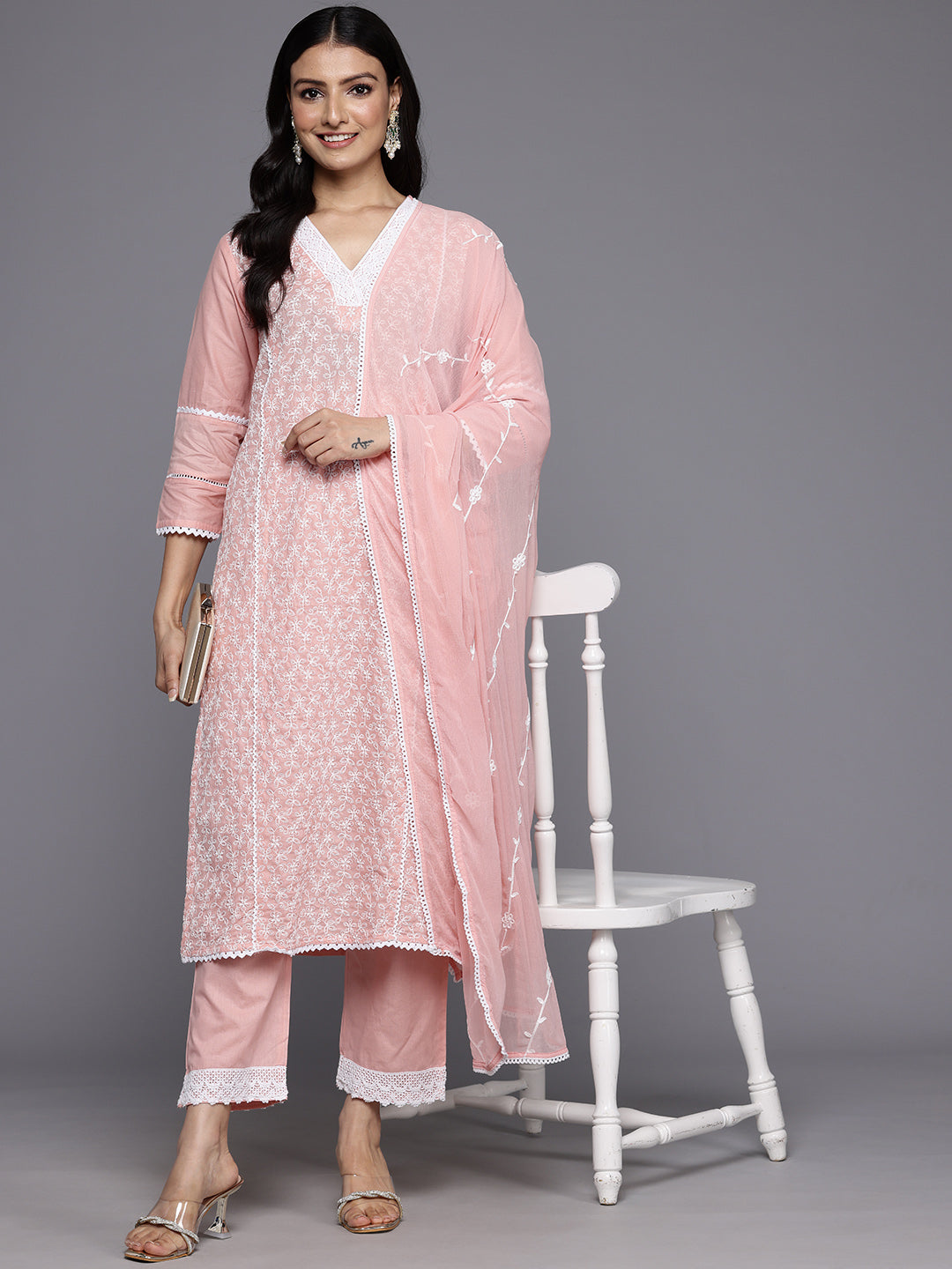 Dhiyona VR Women's Pink V Neck Thread Embroidered With Tonal Bottom And Chiffon Dupatta