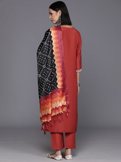 Dhiyona VR Women's Rust Zari Kurta With Solid Trouser And Dupatta Set