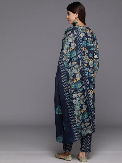 Dhiyona VR Women's Blue Floral Print And Embroidered Kurta With Bottom And Dupatta