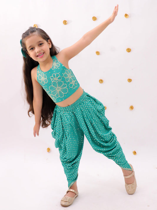 Khilkhilahat Green Crop Top and Dhoti Set For Girls
