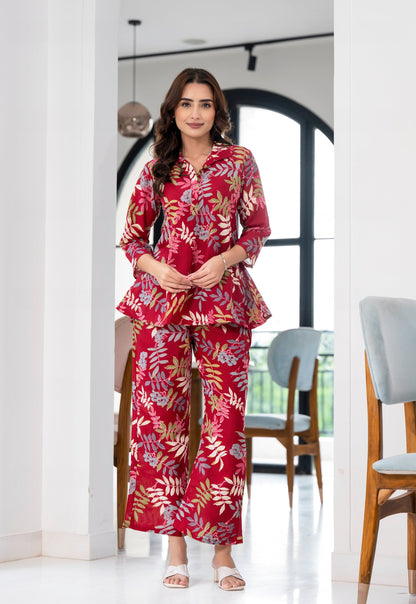 Women Red Printed Viscose Rayon Kurta And Pant Set