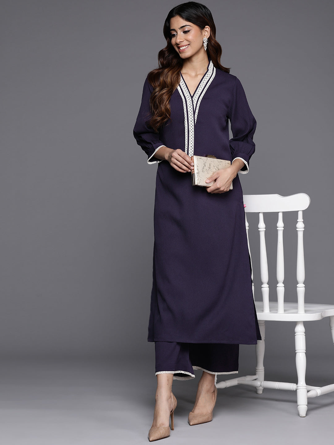 Dhiyona VR Women's Navy Blue Cotton Lace Detailed Kurta Set