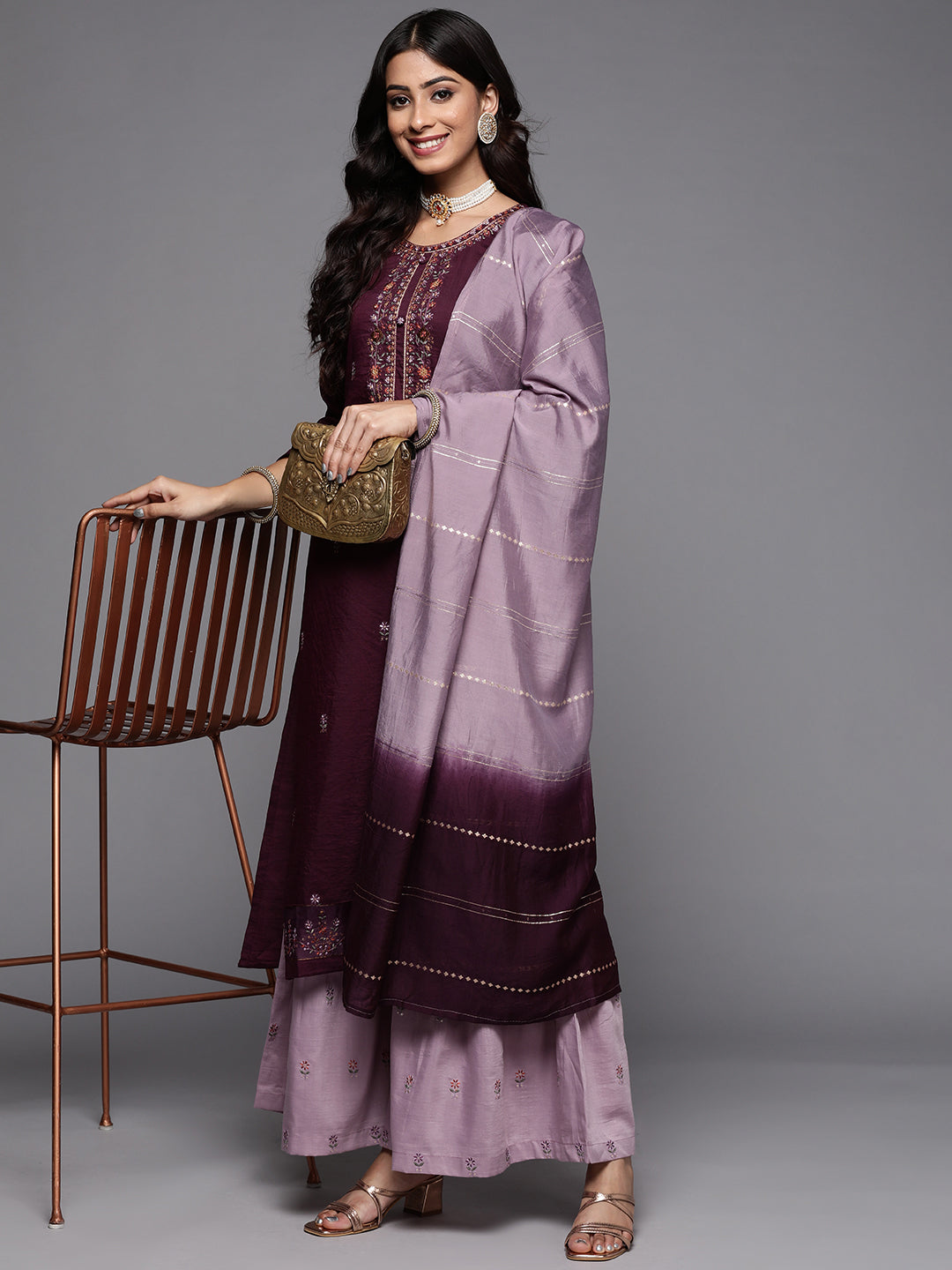 Dhiyona VR Women's Embroidered Kurta Paired With Contrast Color Sharara And Dupatta