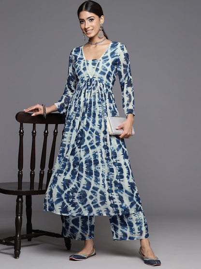Dhiyona VR Women's Blue Shibori Printed V-Neck A-Line Kurta Paired With Tonal Printed Bottom