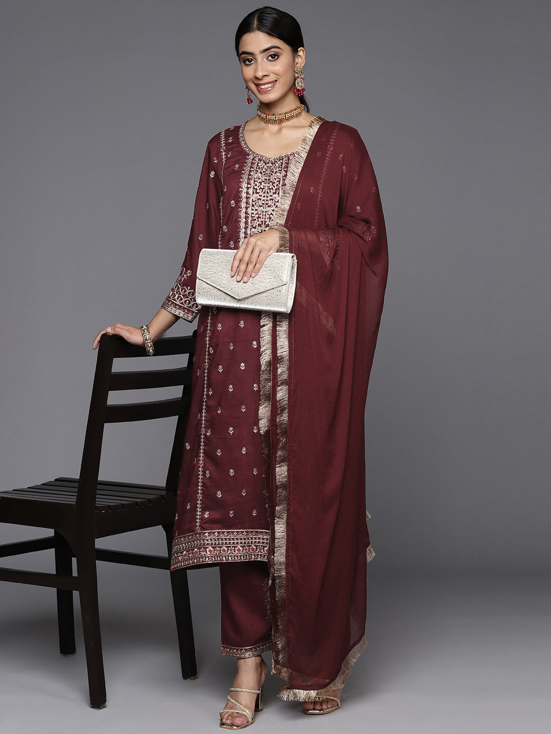 Dhiyona VR Women's Maroon Embroidered Kurta Paired With Tonal Bottom And Dupatta