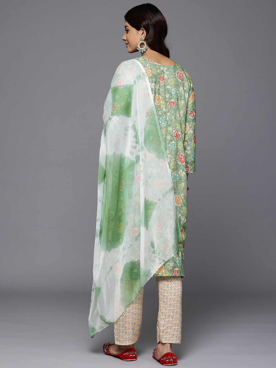 Dhiyona VR Women's Mint Green Round Neck Embroidered Yoke Printed Kurta Paired With Printed Bottom & Tie-Dye Dupatta