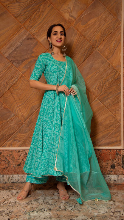Bandhej Tiffany Blue Cotton Anarkali Set