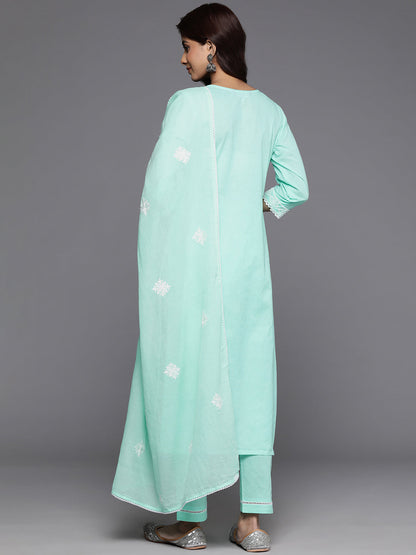 Dhiyona VR Women's Sea Green Thread Embroidered Straight Kurta With Bottom And Dupatta