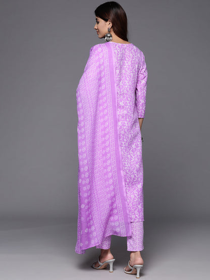 Dhiyona VR Women's Lavender Floral Printed Embroidered Kurta Paired With Bottom And Dupatta