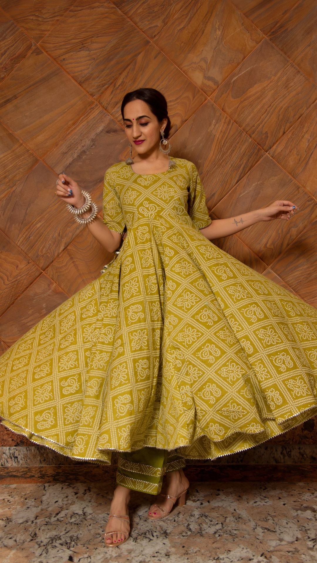Bandhej Mehendi Green Cotton  Anarkali Set