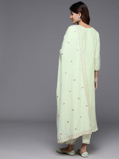 Dhiyona VR Women's Green Thread And Sequins Embroidered Kurta With Tonal Bottom And Dupatta