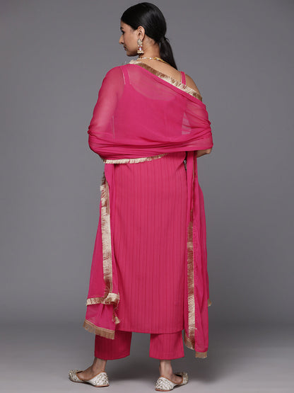 Dhiyona VR Women's Pink Round Neck, Spaghetti Strap Style Straight Kurta Paired With Tonal Bottom And Dupatta