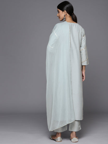 Dhiyona VR Women's Blue Mirror Work Yoke Embroidered Straight Kurta Paired With Tonal Bottom And Tonal Solid Dupatta With Four Side Fringes