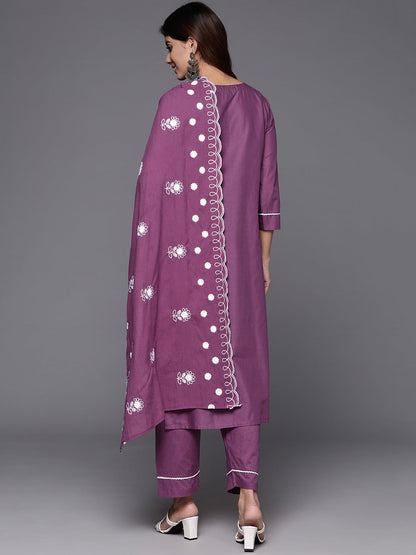 Dhiyona VR Women's Purple Thread Embroidered Kurta With Tonal Bottom And Dupatta