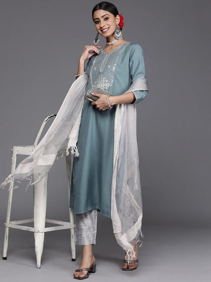 Dhiyona VR Women's Blue & Silver Sequinned Yoke Design Kurta With Trousers & Dupatta