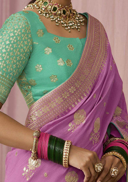 Dhiyona KM Women Lavender Dola Silk Saree With Green Golden Embroidered Blouse