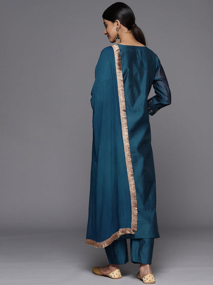 Dhiyona VR Women's Teal Embroidered Straight Kurta Paired With Tonal Bottom And Dupatta With Four Side Fringes