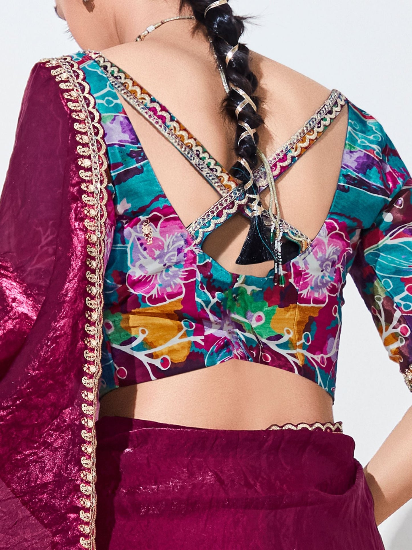 Dhiyona KM Women Wine Silk Saree With Vibrant Floral Blouse “ A Statement Of Luxury