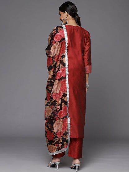 Dhiyona VR Women's Red Embroidered Kurta With Tonal Trouser And Printed Dupattta