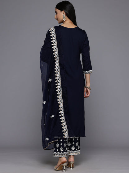 Dhiyona VR Women's Navy Blue Round Neck Thread Embroidered Kurta Paired With Bottom And Dupatta