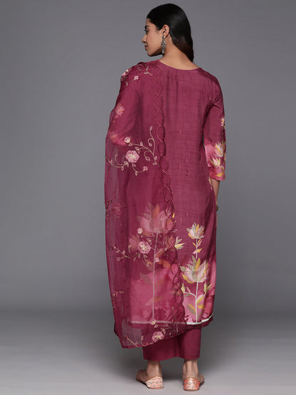 Dhiyona VR Women's Pure Muslin Maroon Floral Printed Kurta Paired With Tonal Bottom And Organza Dupatta