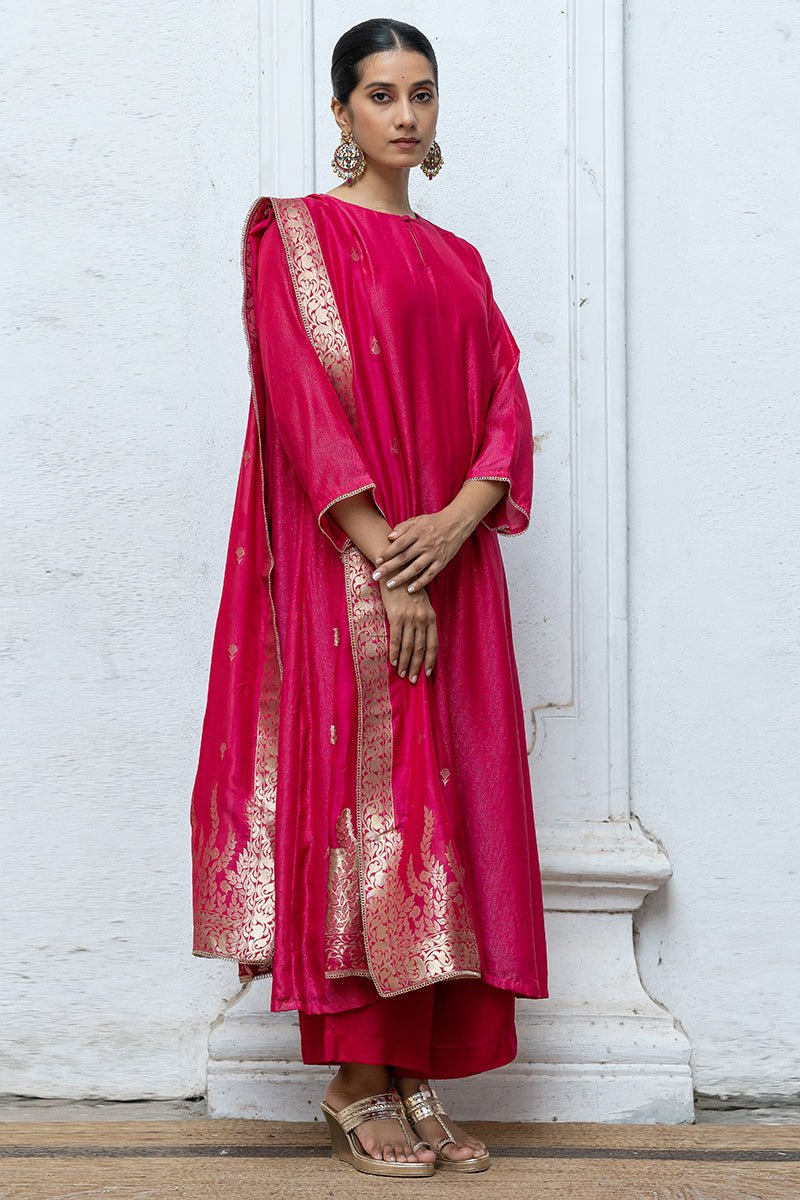 Women's Bright Rose Pink Zari Woven Bemberg Silk Salwar Suit With Zari Woven Monga Silk Jacquard Dupatta