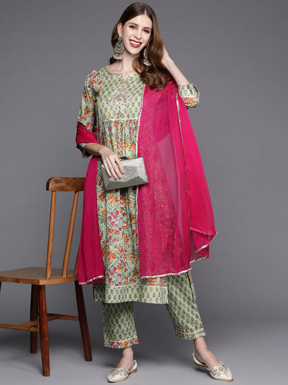 Dhiyona VR Women's Floral Printed Embroidered Kurta With Straight Pant And Chiffon Dupatta