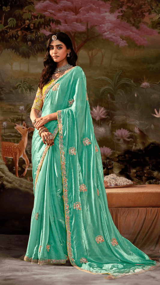 Dhiyona KM Women Sea Green Silk Sequence Embroidery Saree